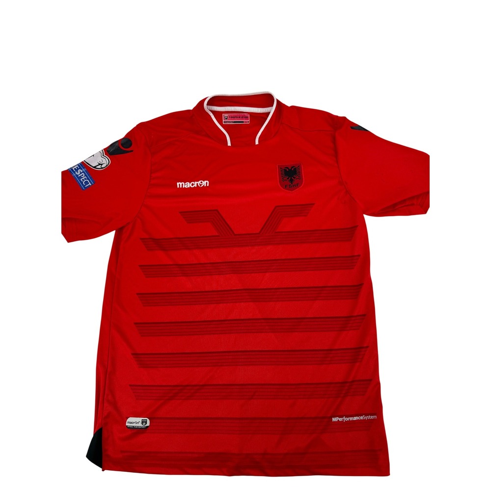 Macron Albania National Team Soccer Jersey Mens Large Red FSHF Home Kit Football